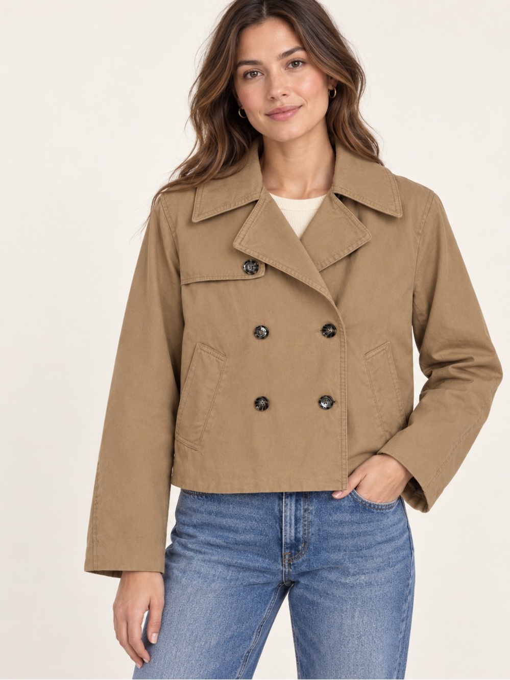 St. Johnโs Bay Cropped Trench Jacket Womenโs S Tan NWT Classic Preppy